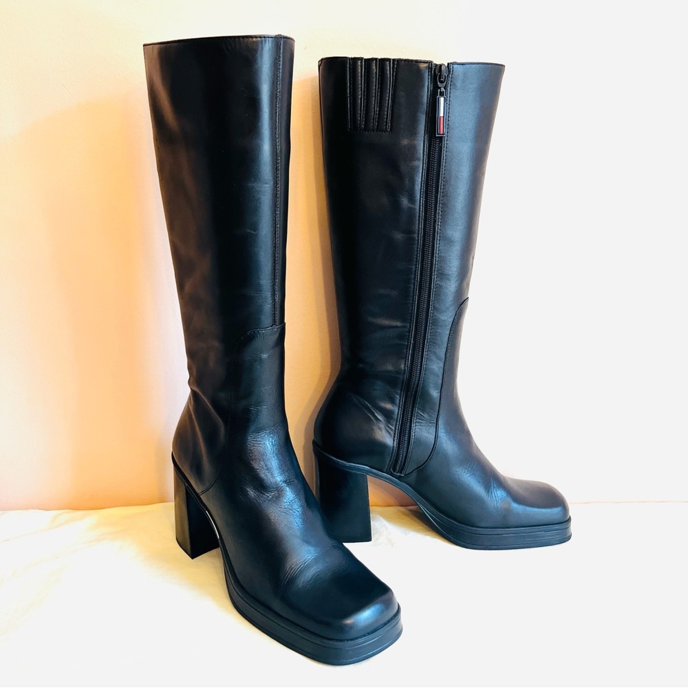 Tommy Hilfiger Vintage Knee High Platform Boots 9 1/2 Black Leather Chunky Heel